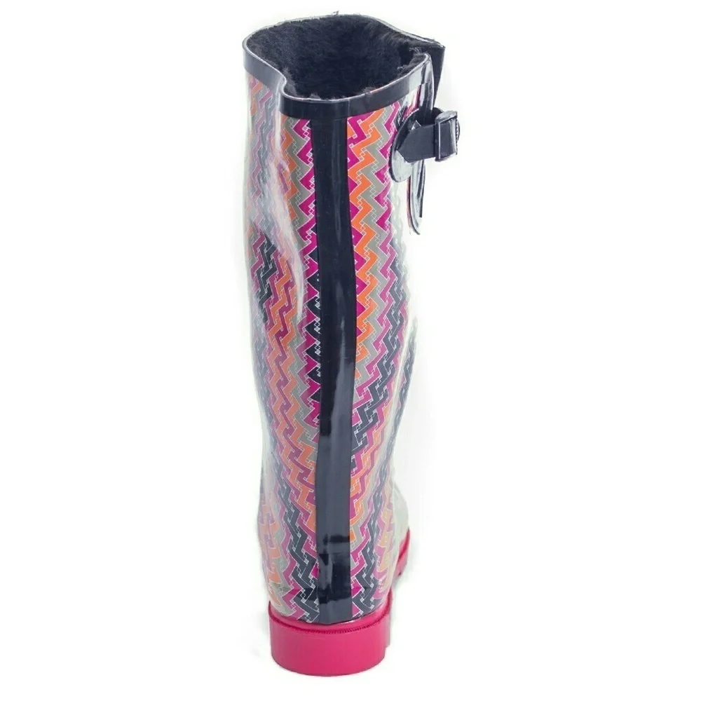 Women's Rainboots, Faux Fur Lined Rain Boots, RB-1525, Zigzag, Size 7